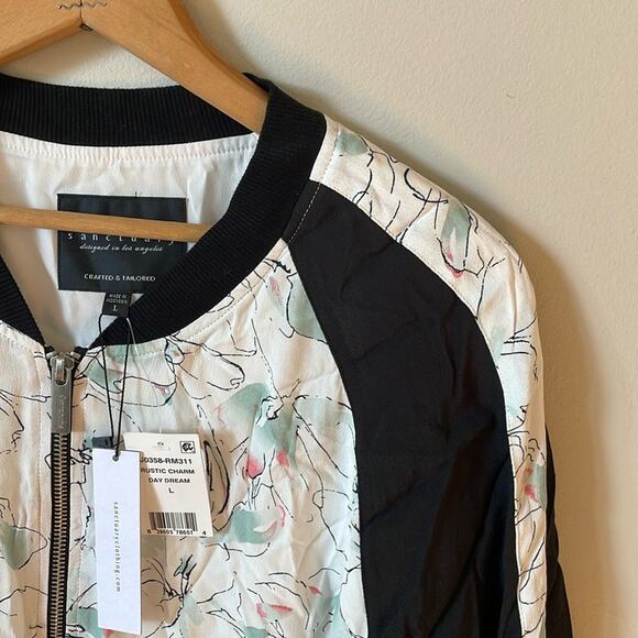 SANCTUARY NWT White Floral & Black Arm Stripe Lightweight Bomber Jacket Size L - Picture 2 of 6